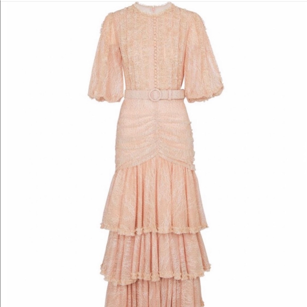 Lace Tiered Maxi Dress in Blush with Belt